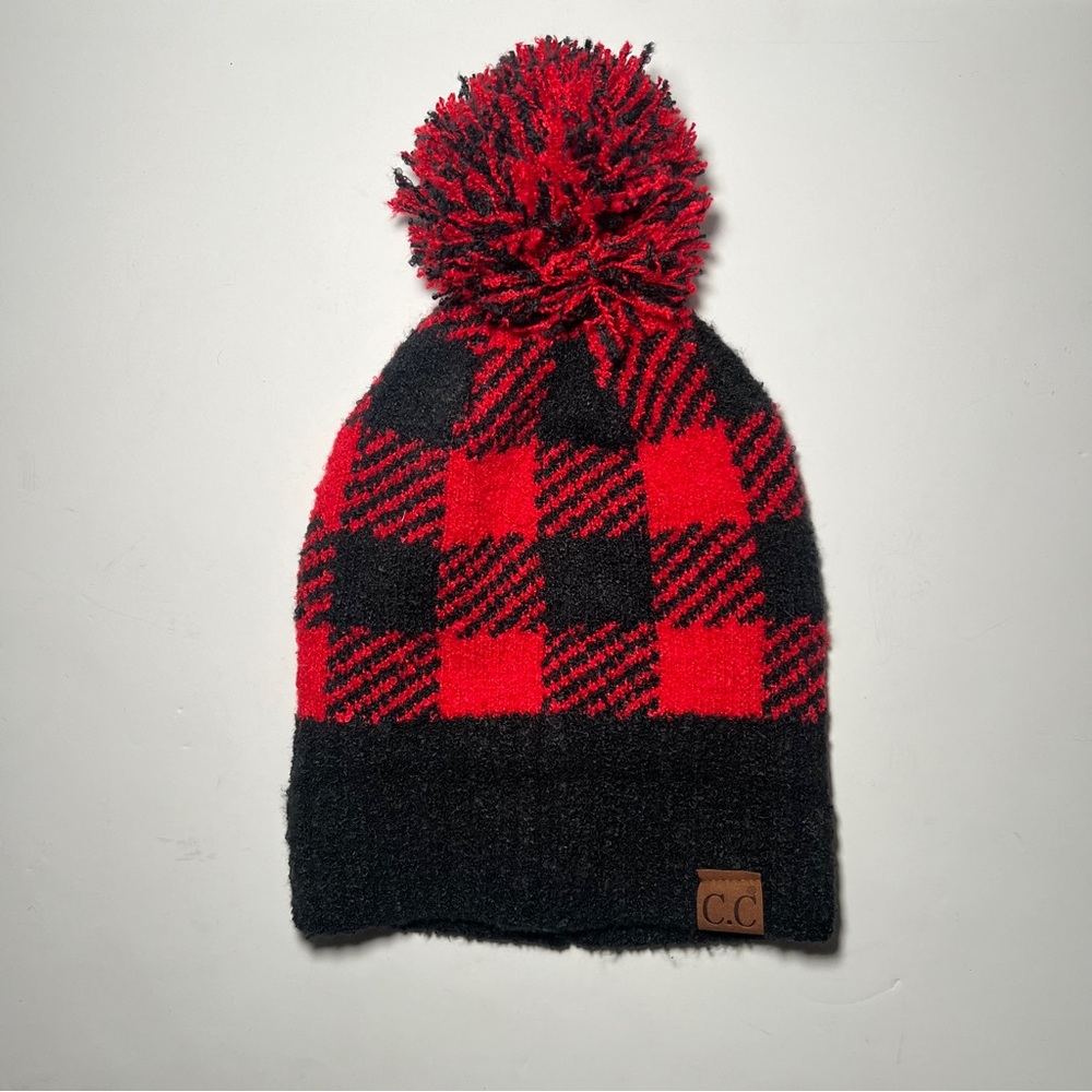 C.C Buffalo Check Knit Beanie Red and Black with Pom